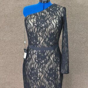 Tadashi Shoji Barcelo One-Shoulder Tealength Lace Dress Black Sz 14 NWT